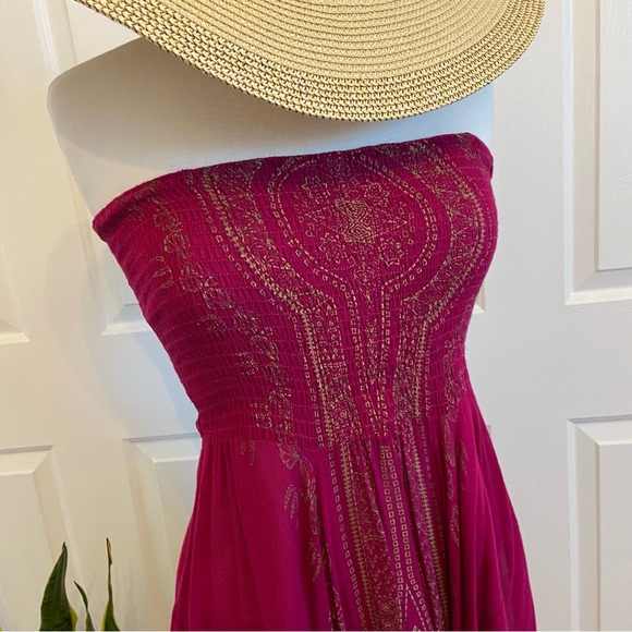 Strapless Dress w/Handkerchief Hem in Dark Pink + Gold - Picture 2 of 9